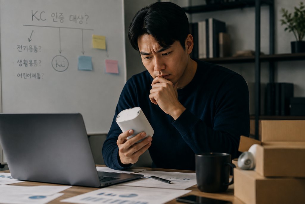 이 제품, KC인증 대상인가? 고민하는 남성의 이미지