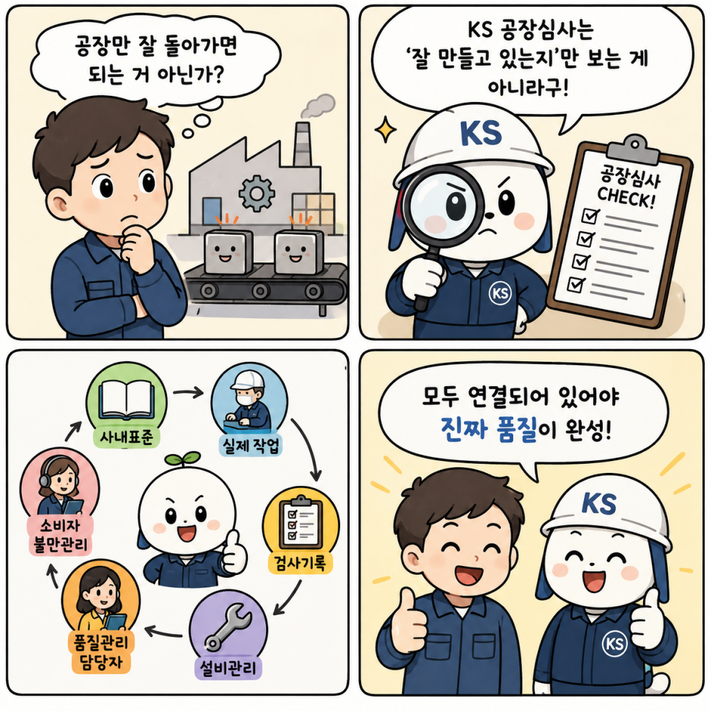 사내표준 → 실제 작업 → 검사기록 → 설비관리 → 품질관리담당자 → 소비자 불만관리

가 서로 맞물려 돌아가고 있는지를 확인하는 절차