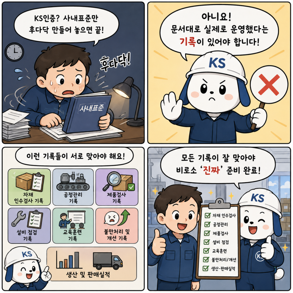 문서에 적힌 대로 실제로 운영했다는 기록이 있어야 한다는 내용의 4컷만화
