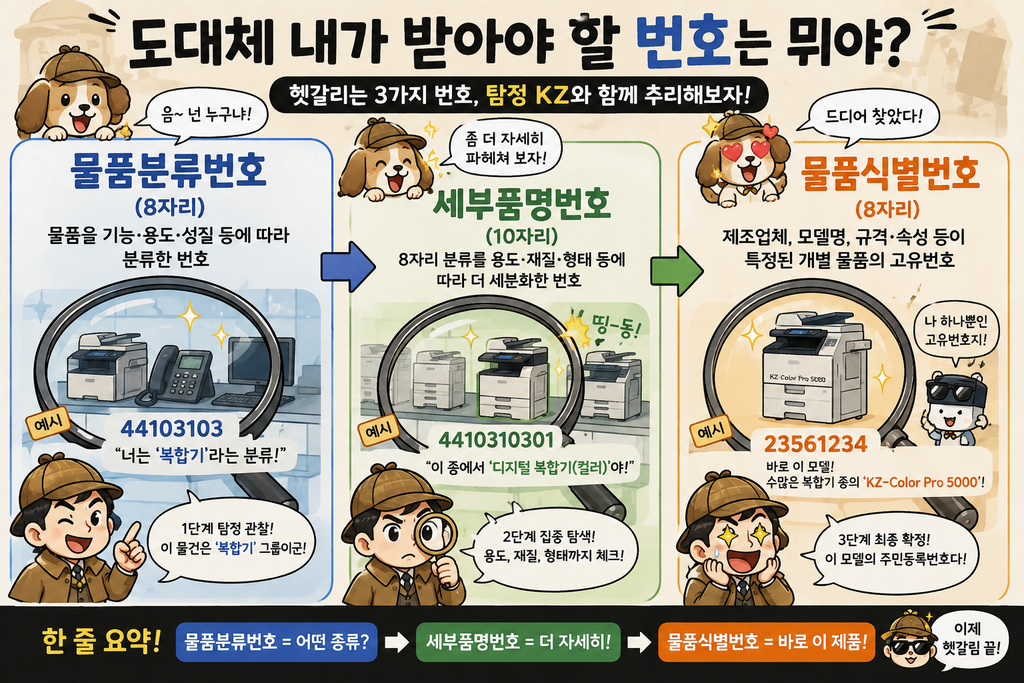 물품분류번호/세부품명번호/물품식별번호, 뭐가 다른가 설명하는 이미지