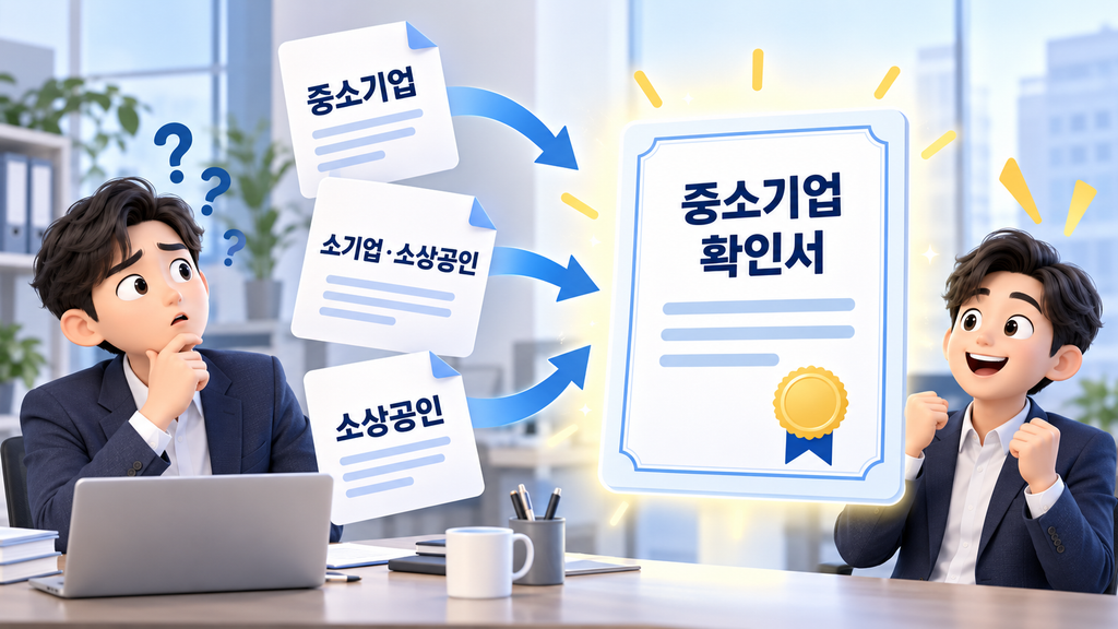 ‘중소기업확인서’, ‘소기업/소상공인확인서’, ‘소상공인확인서’라는 표현이 헷갈리는 캐릭터의 이미지