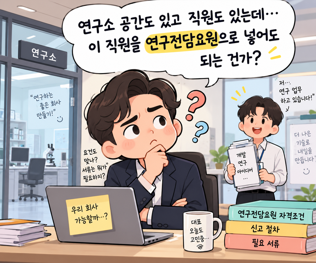 연구소 공간도 있고 직원도 있는데… 이 직원을 연구전담요원으로 넣어도 되는 건가 고민하는 남자 이미지