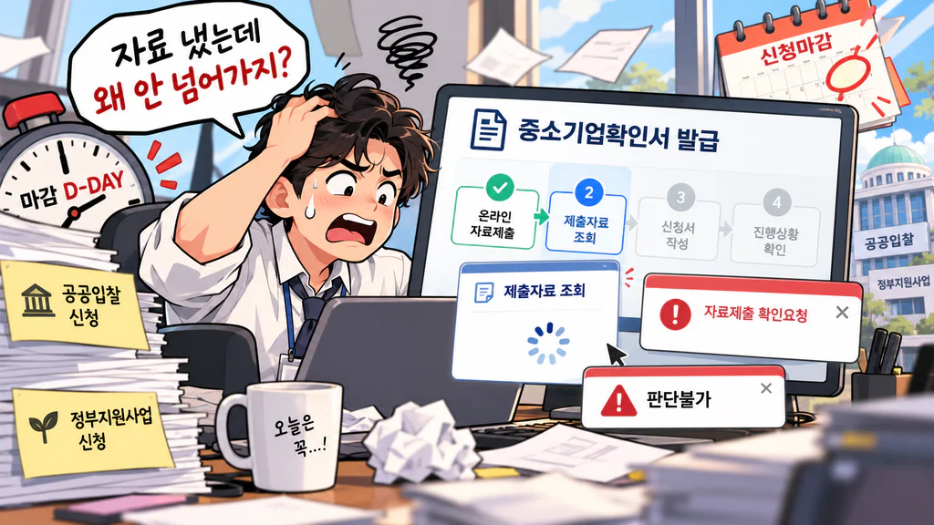 중소기업확인서를 발급받으려는데 자료를 제출했는데도 다음 단계로 넘어가지 않는 상황에 대한 이미지
