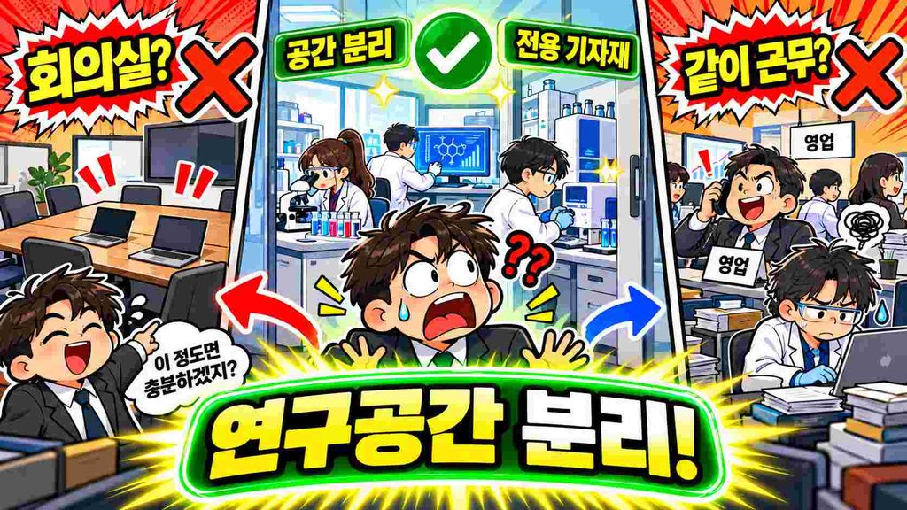 연구공간이 명확하게 구분되어야 하고, 연구원별 상시 근무환경과 연구전용 기자재도 확보해야 합니다.