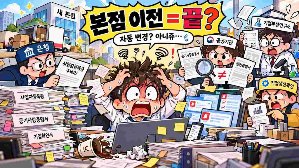 법인 본점 이전등기만 완료했다고 모든 행정기관과 인증기관의 주소가 자동으로 변경되는 것은 아닙니다