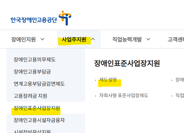 사업주지원 → 장애인표준사업장지원 → 제도설명