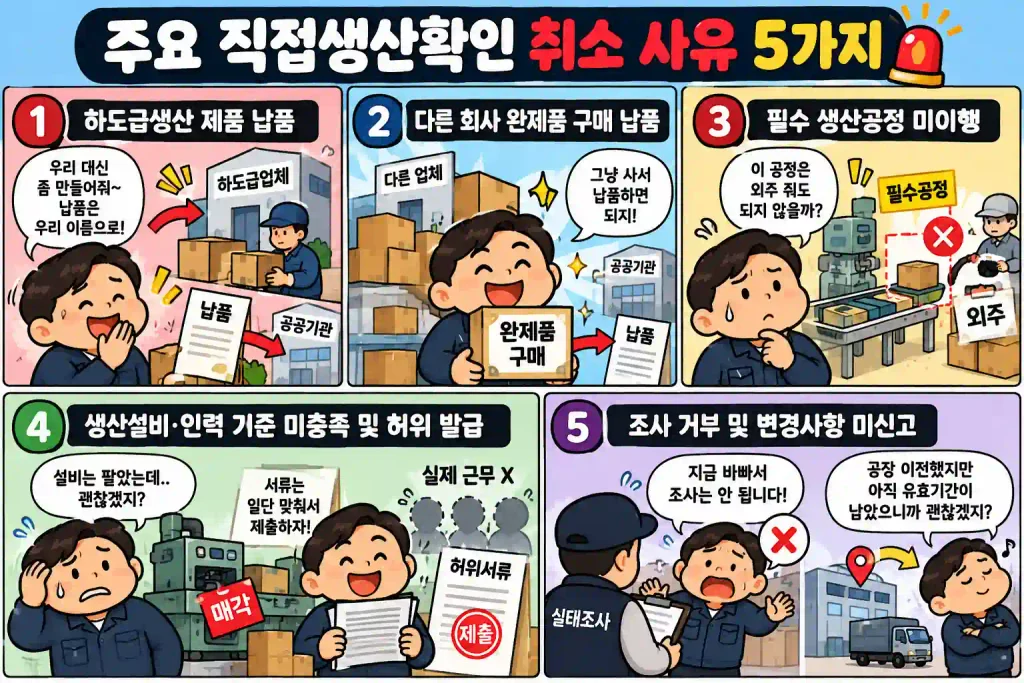 주요 직접생산확인 취소 사유 5가지